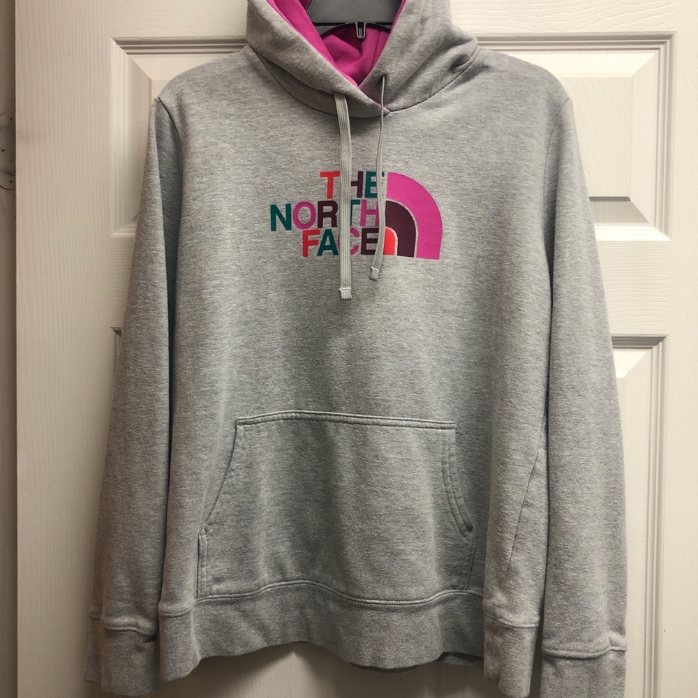 The North Face Women’s Large Light Gray Hoodie with Pink Logo